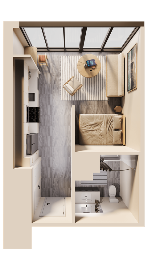 a rendering of a bedroom with a bathroom and a living room